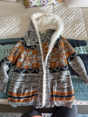 Cozy Miss Me Hooded Knit Cardigan with Orange Snowflake Pattern